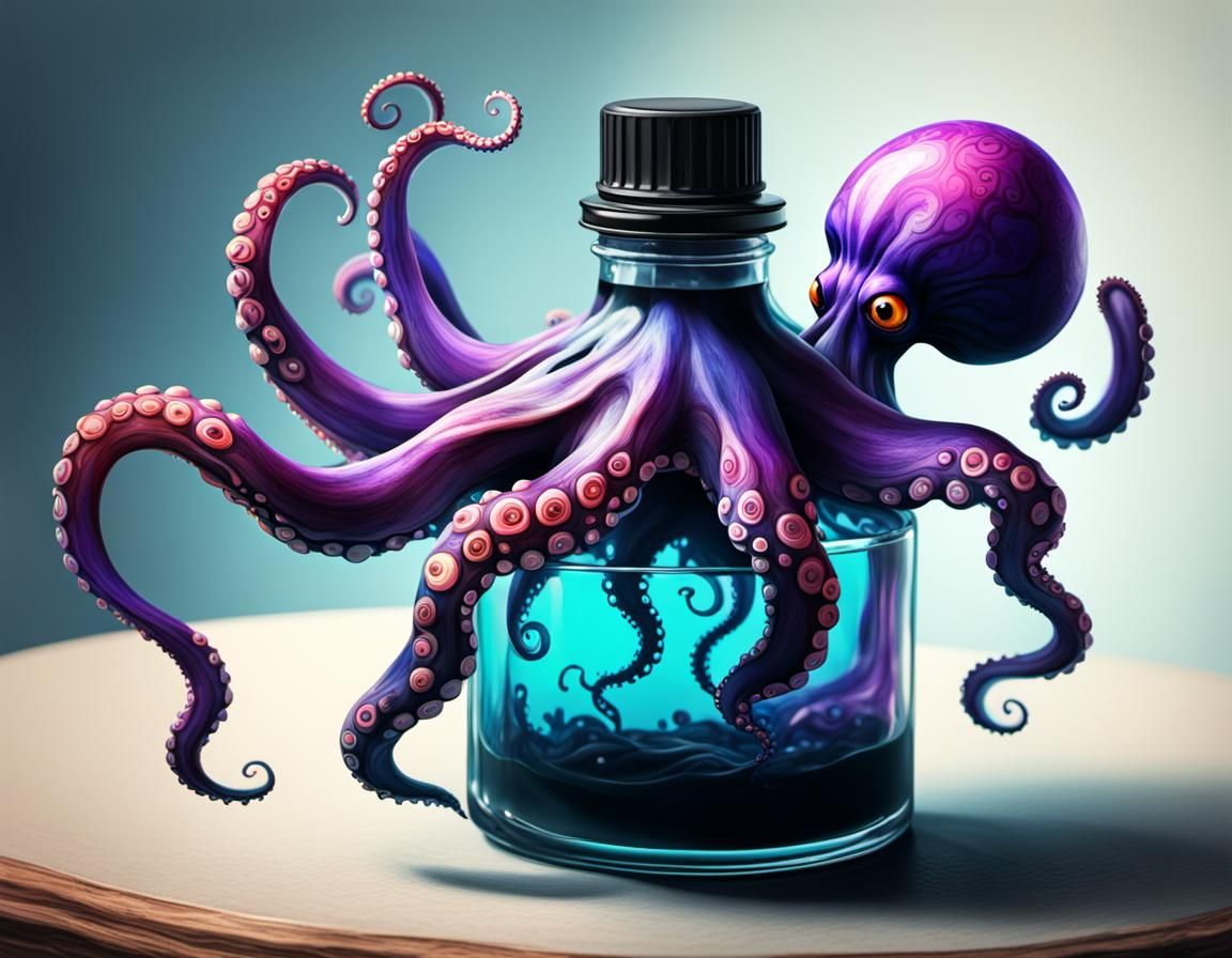 indelible ink bottle, octopus crawling out the open top of t...