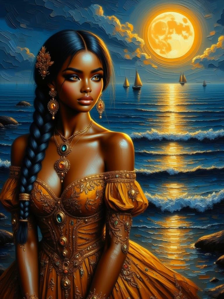 <lora:Braided Echoes:1.0> A regal witchy goddess with long braided hair glowing in moonlight, standing at the edge of a stormy sea. Golden s...
