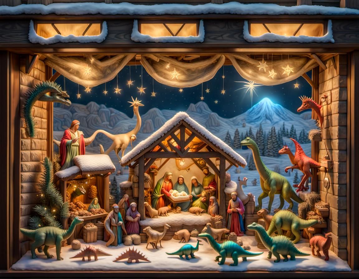 Toy Dinosaurs and Nativity Scene on Display AI Generated Artwork