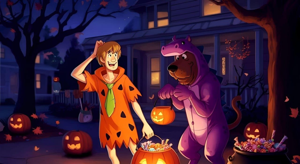 Scooby and Shaggy as Fred Flintstone and Dino on Halloween