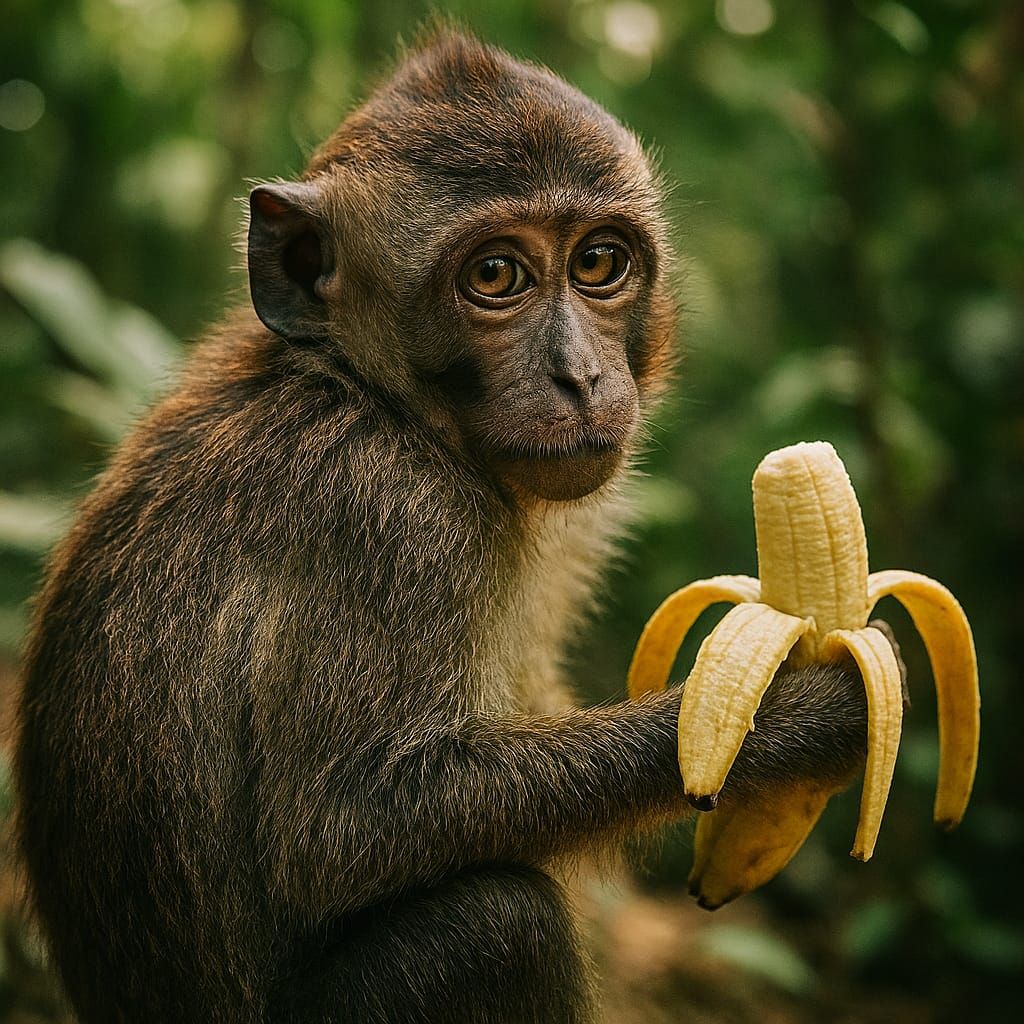 monkey lookin' over the shoulder while holdin' a banana in t...