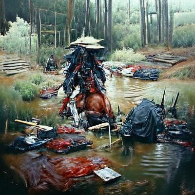 Samurai surrounded by corpses in a swamp, veteran Samurai, m...