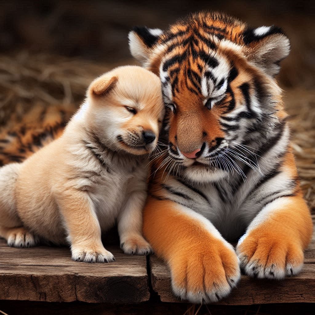 A baby tiger rejected by its mother finding comfort with its...