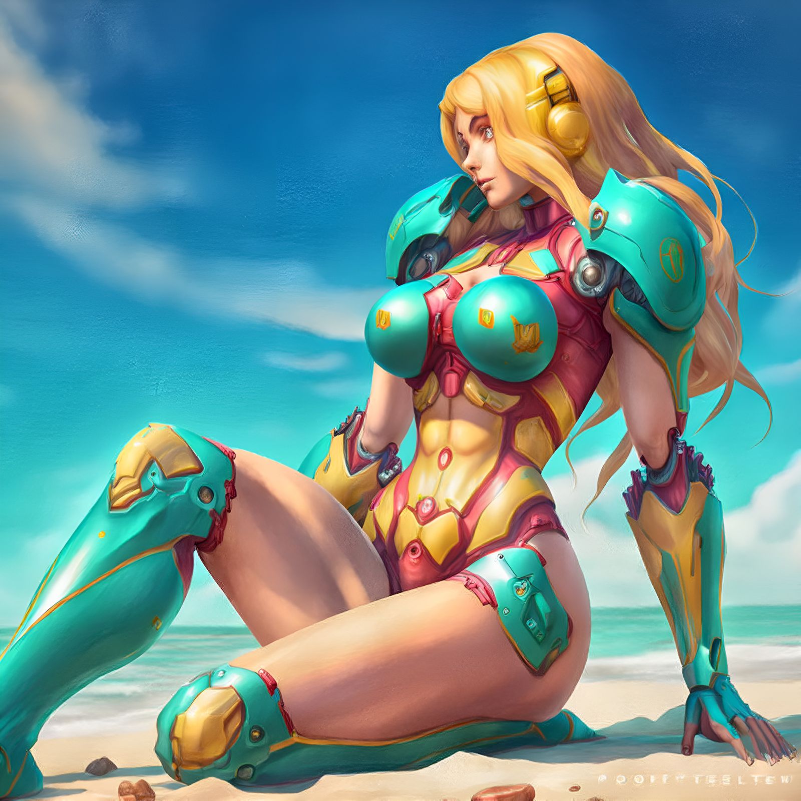 Midjourney v4: Samus takes another beach day.