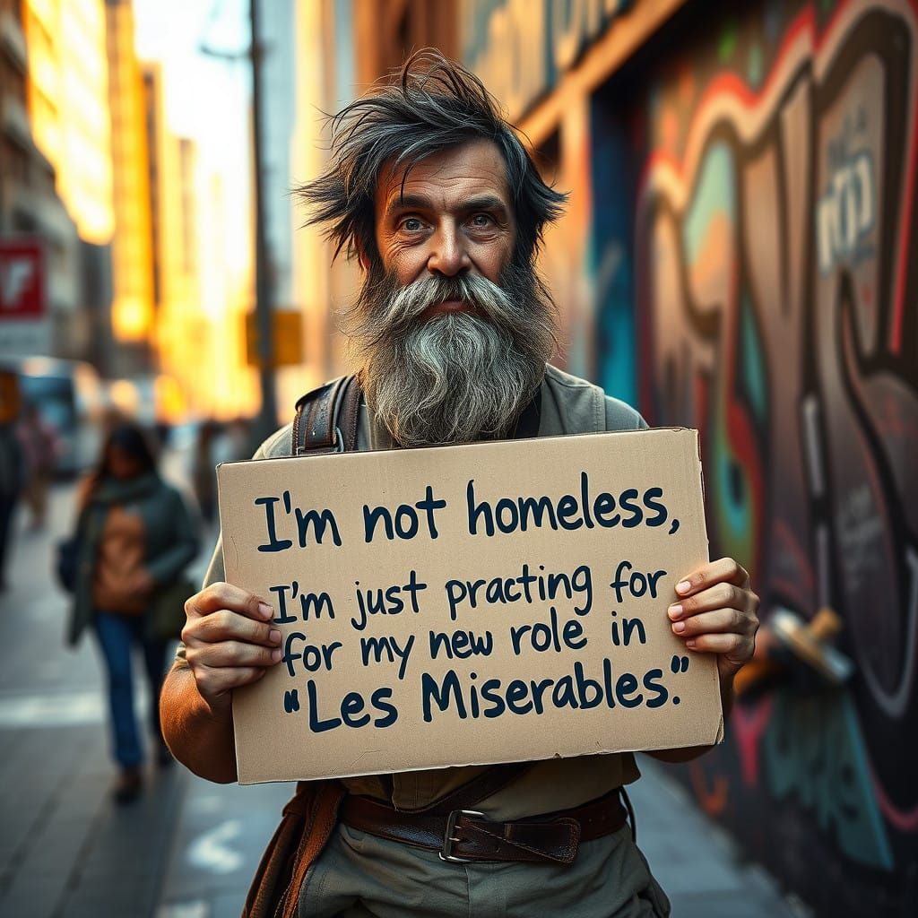 Man in Earth-Toned Clothing Holds Cardboard Sign in Vibrant....