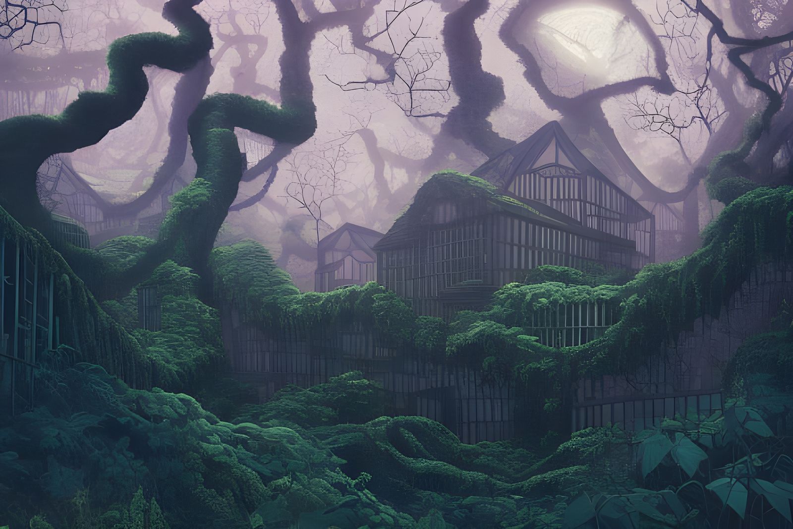 Overgrown city covered in vines and moss  by @Random John