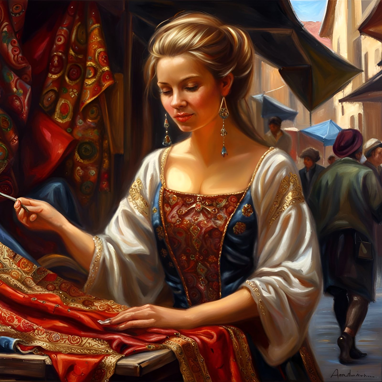 Woman selling brocade and satin fabrics on medieval market   by @Espinado 