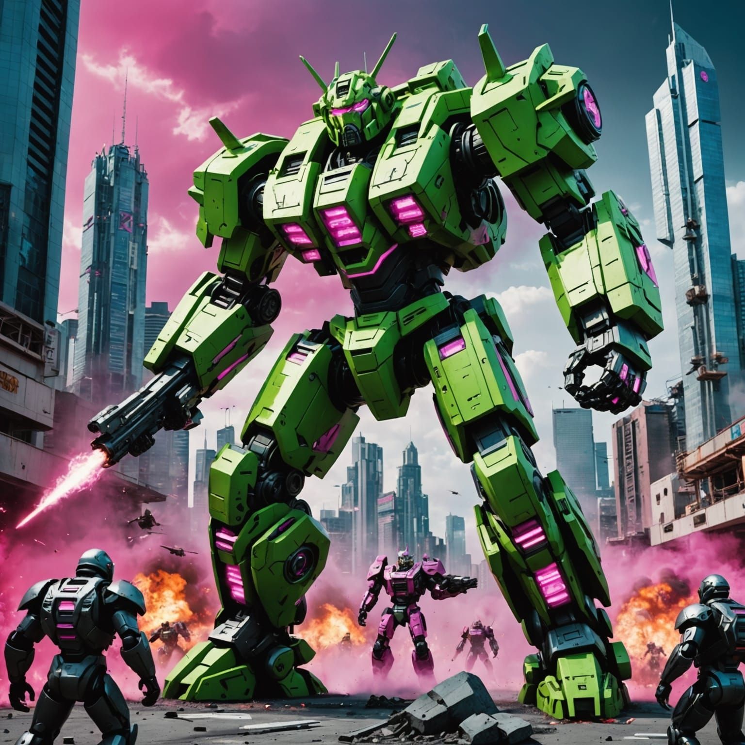 Dynamic action scenes featuring gigantic mechs engaged in fierce combat amidst a futuristic cityscape.
Use colours futuristic lime green and...