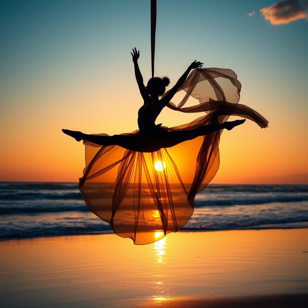 Ethereal Shadow Dancer on Sunset Beach in Vibrant Blues and...