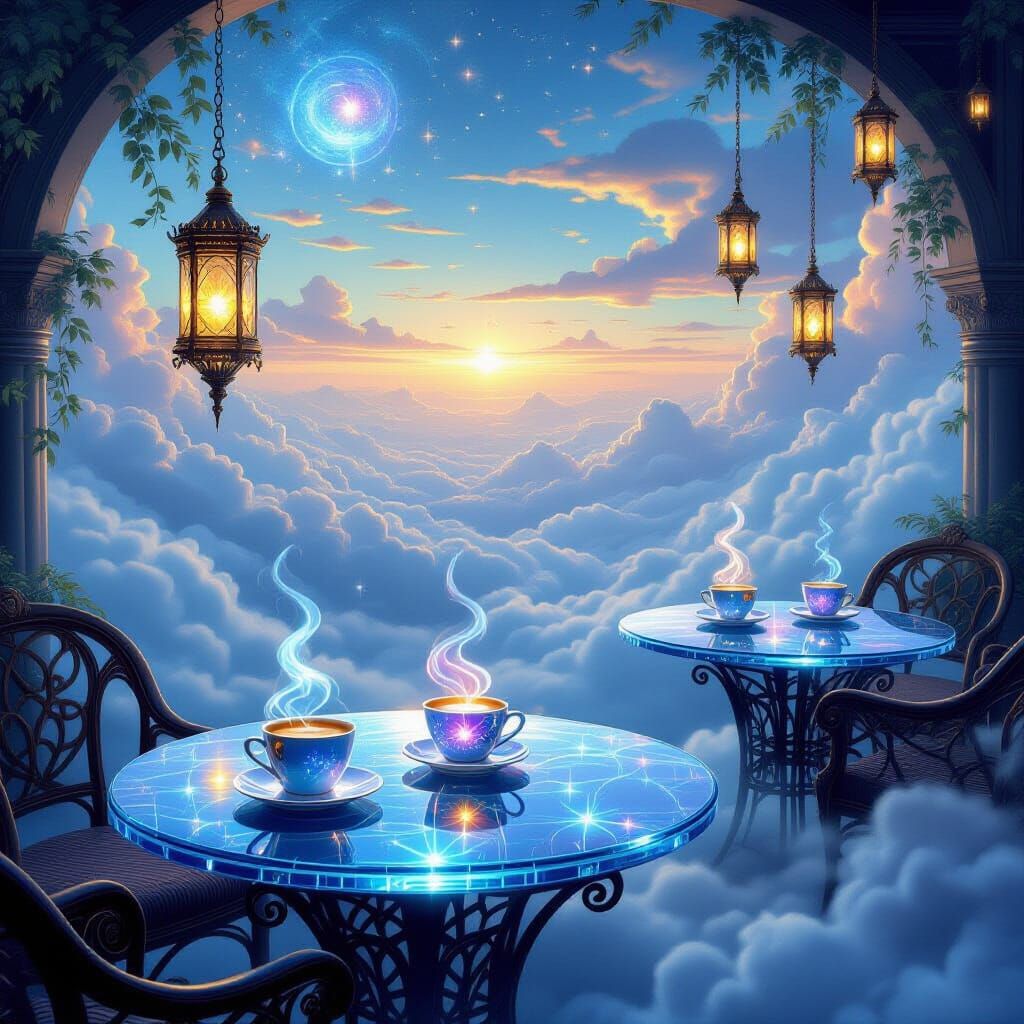 A futuristic yet mystical café suspended in the clouds, with crystal tables, floating lanterns, and cups of coffee glowing with cosmic energ...