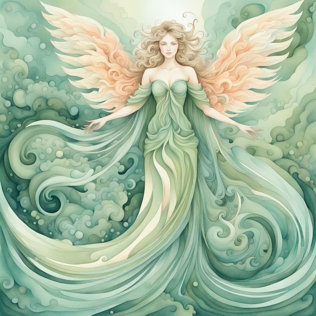 watercolor  angel of the ocean,  sage green. cream, aqua, pe...