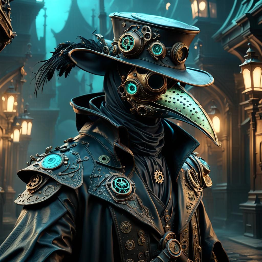 Side view. Steampunk Plague Doctor, Bioluminescent Rococo black leather, Robes, fantasy, detailed matte ...  by @James Silvers