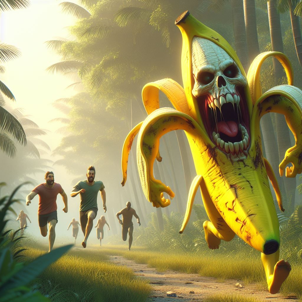 anthropomorphic peeled banana running away from horde of hun...