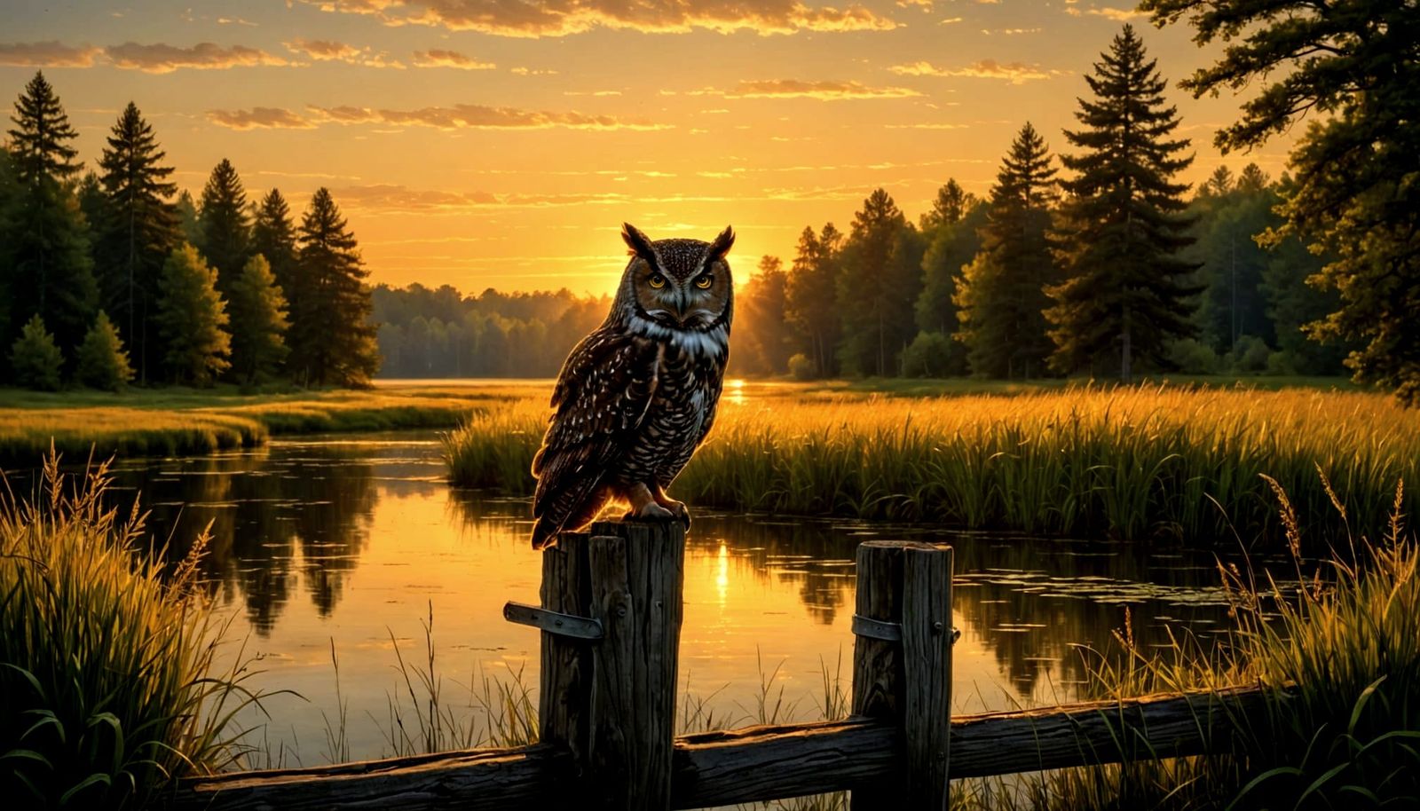 Majestic Owl Over Golden Hour Meadow in Painterly Realism