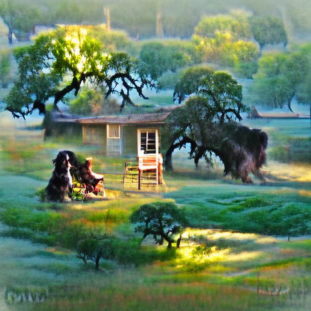 Early morning light dawns on an old ranch house surrounded by green pastures and several large oak and pecan trees. A man and woman sit on lawn chairs in the shade of a beautiful old oak tree with their spaniel as they talk. They are happy.