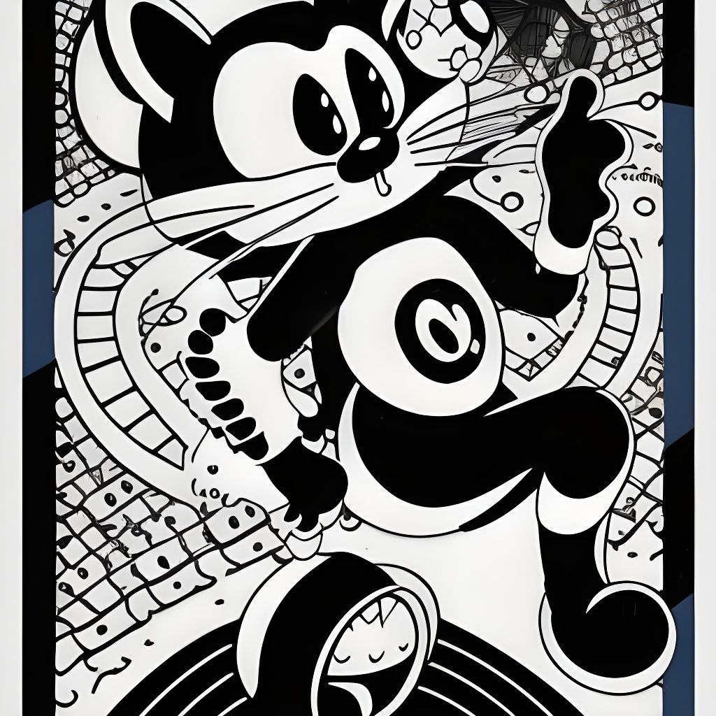 Felix the Cat cartoon 1970s anime art style by Van Beuren black and white  golden ratio intricate detail deep color comic book page silhouett... - AI  Generated Artwork - NightCafe Creator