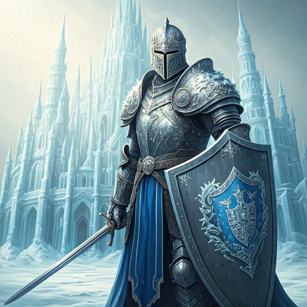 Fantasy knight, in gray steel armor and blue trim, full armor, medieval shield, sword in fist, armor ...  by @Mauro Vandal