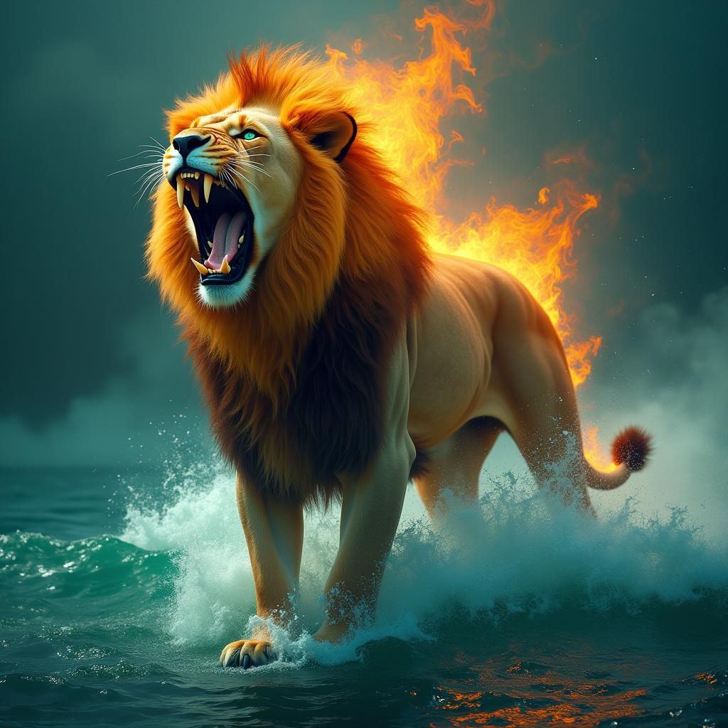 Flaming Lion Roaring on Turquoise Waves