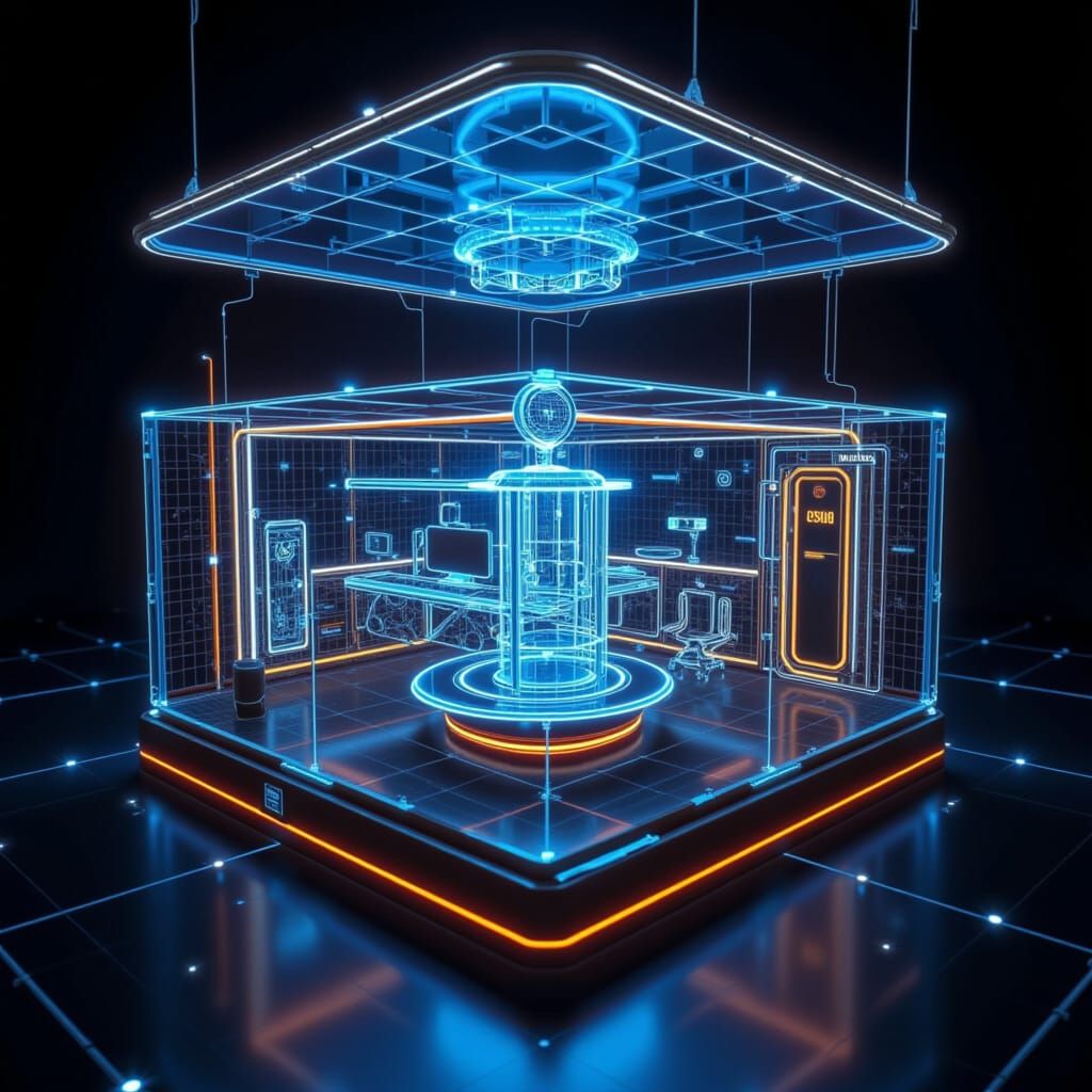 <lora:Holographix:1.0> 3D Holographic Schematic of a "NightCafe".