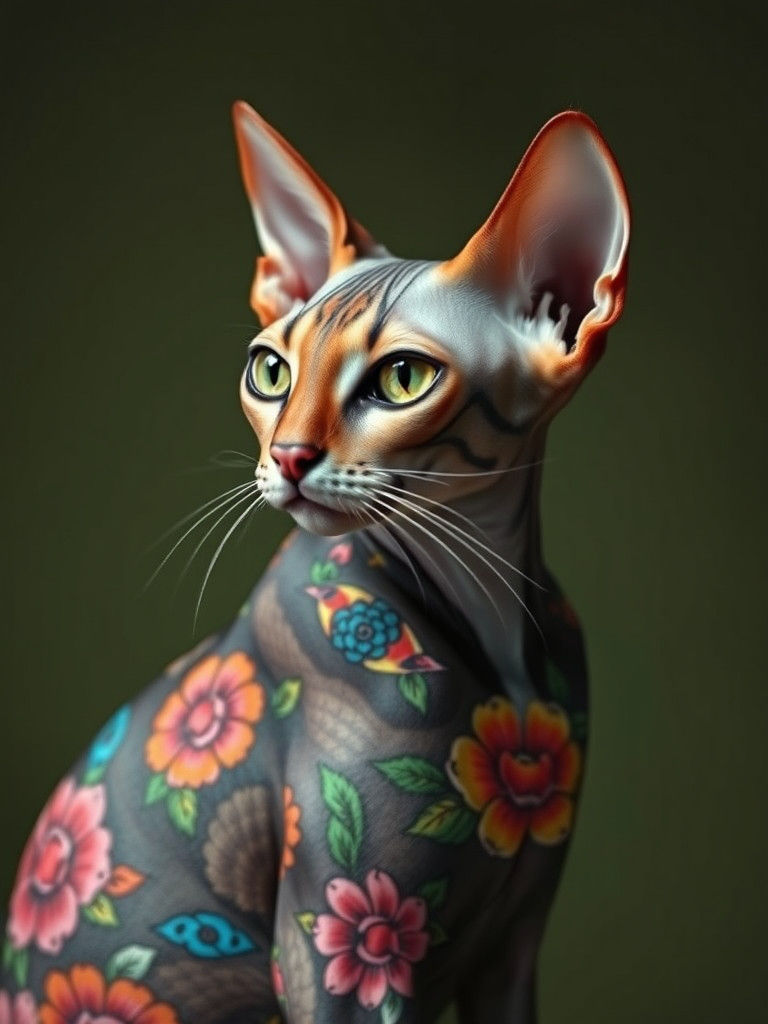 hairless Egyptian cat with colorful Japanese tattoo patterners  by @Erick Jimenez