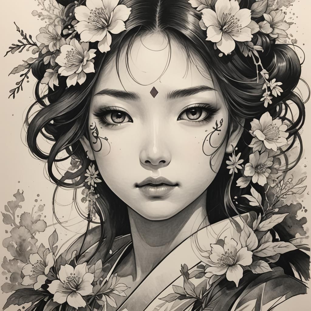 Muramasa kudo live drawing Asian female face with flower pri...