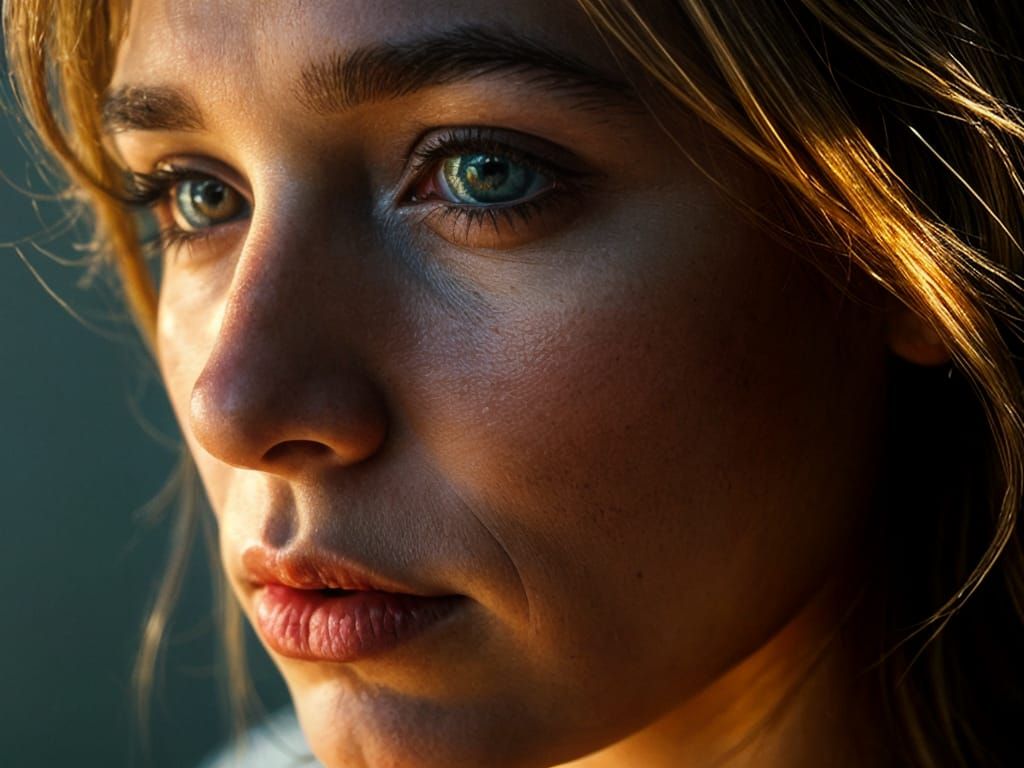 Ultra-realistic close-up portrait of young woman's face, capturing the intricate dance of light and shadow on her featur...