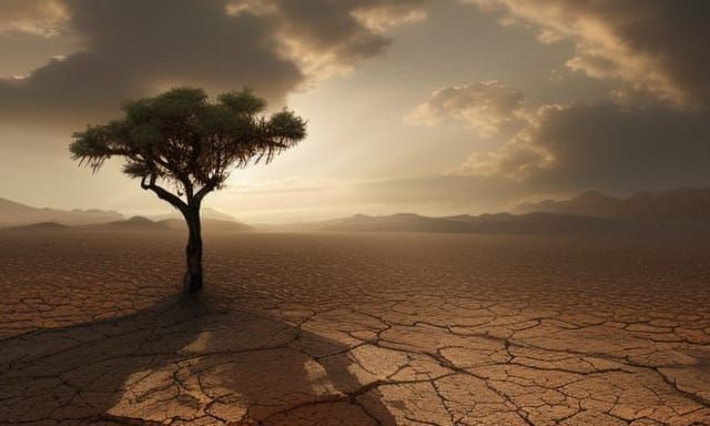 Desert landscape with rays of sun