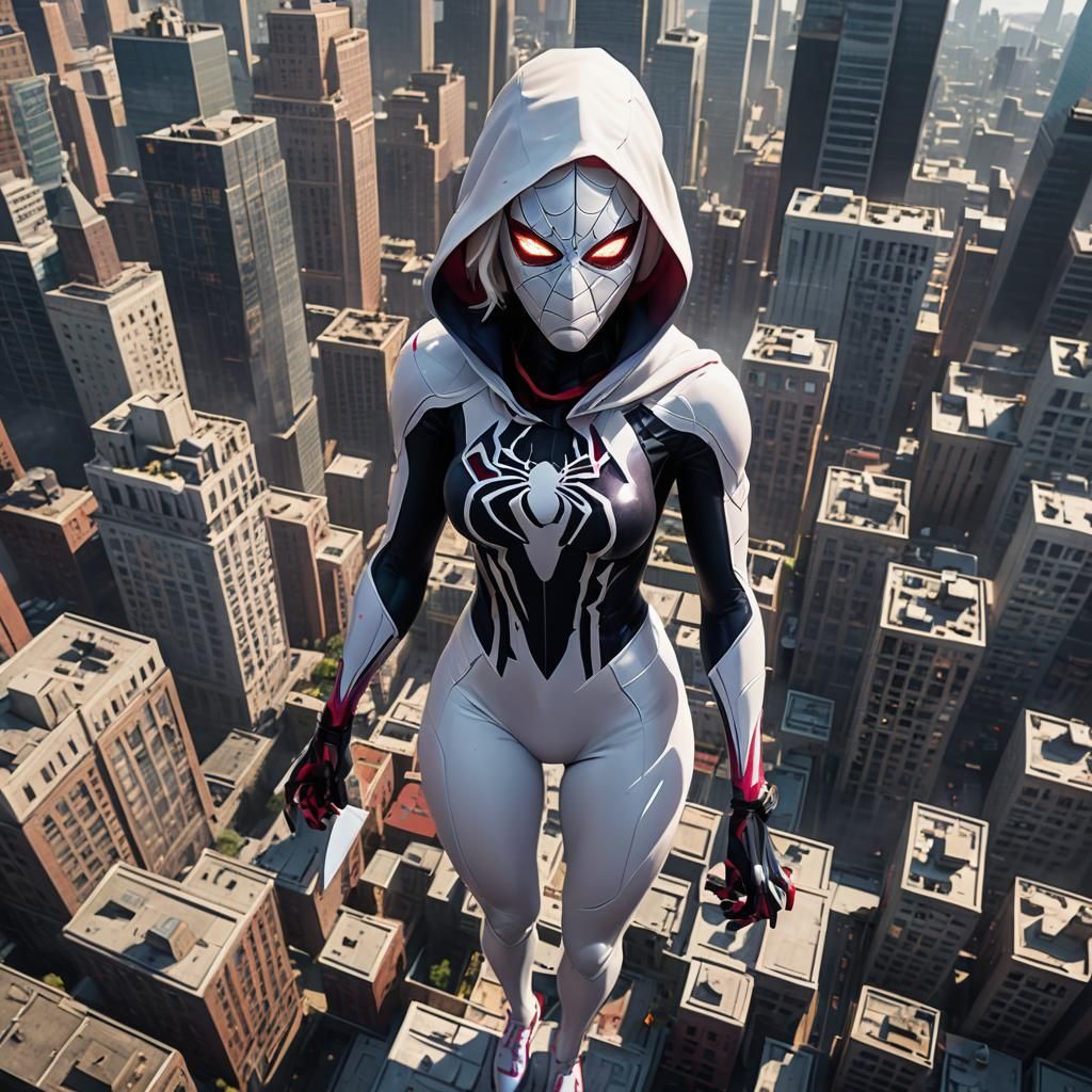 Spider Gwen, hood up, mask on, as a colossal giant woman, in...