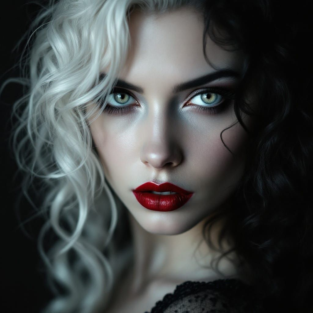 High-resolution, close-up portrait of a woman with striking facial features. She has pale skin, piercing grey eyes, and dark, dramatic makeu...