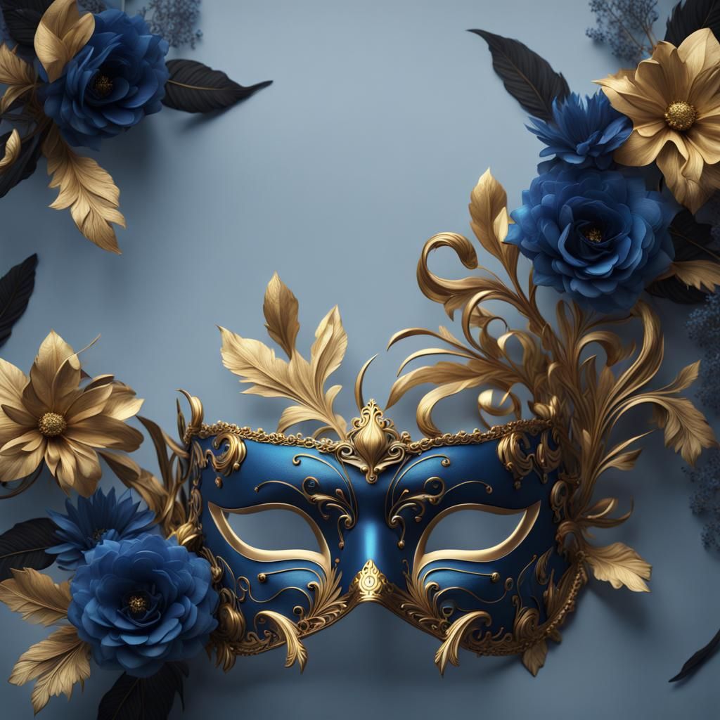 A blue and black masquerade mask with gold flowers - AI Generated
