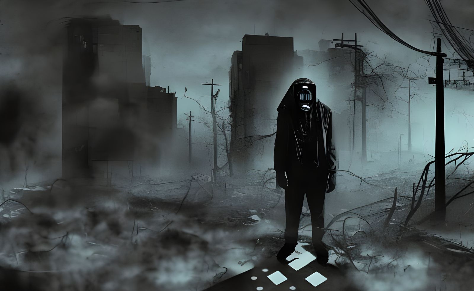 decrepit anomaly evoking a stalker with a ghost in a gas mas...