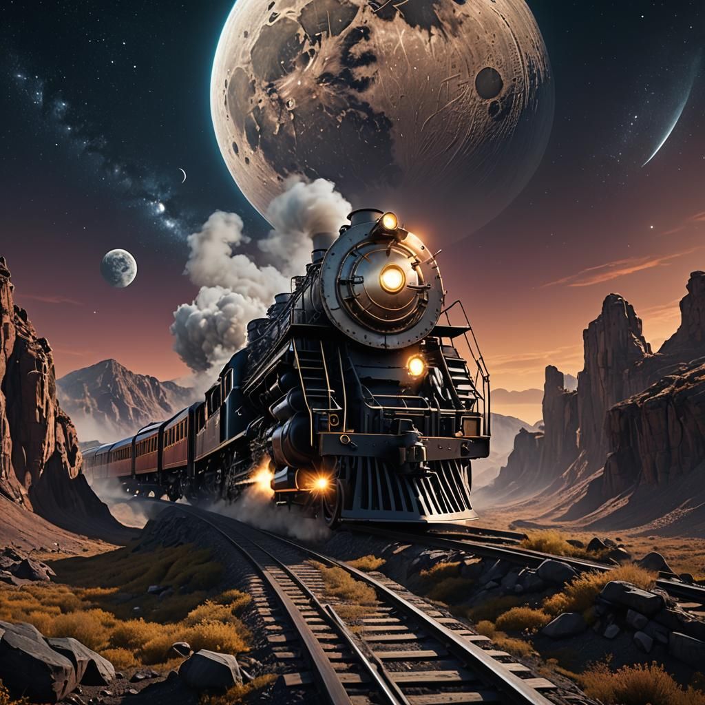 Train with air powered engine heading to the moon.
