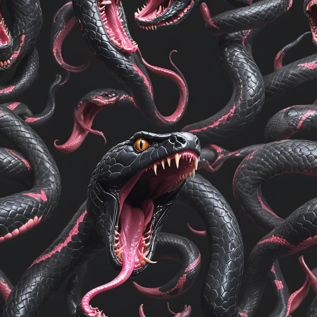 A black snake with its mouth wide open, revealing its pink g...