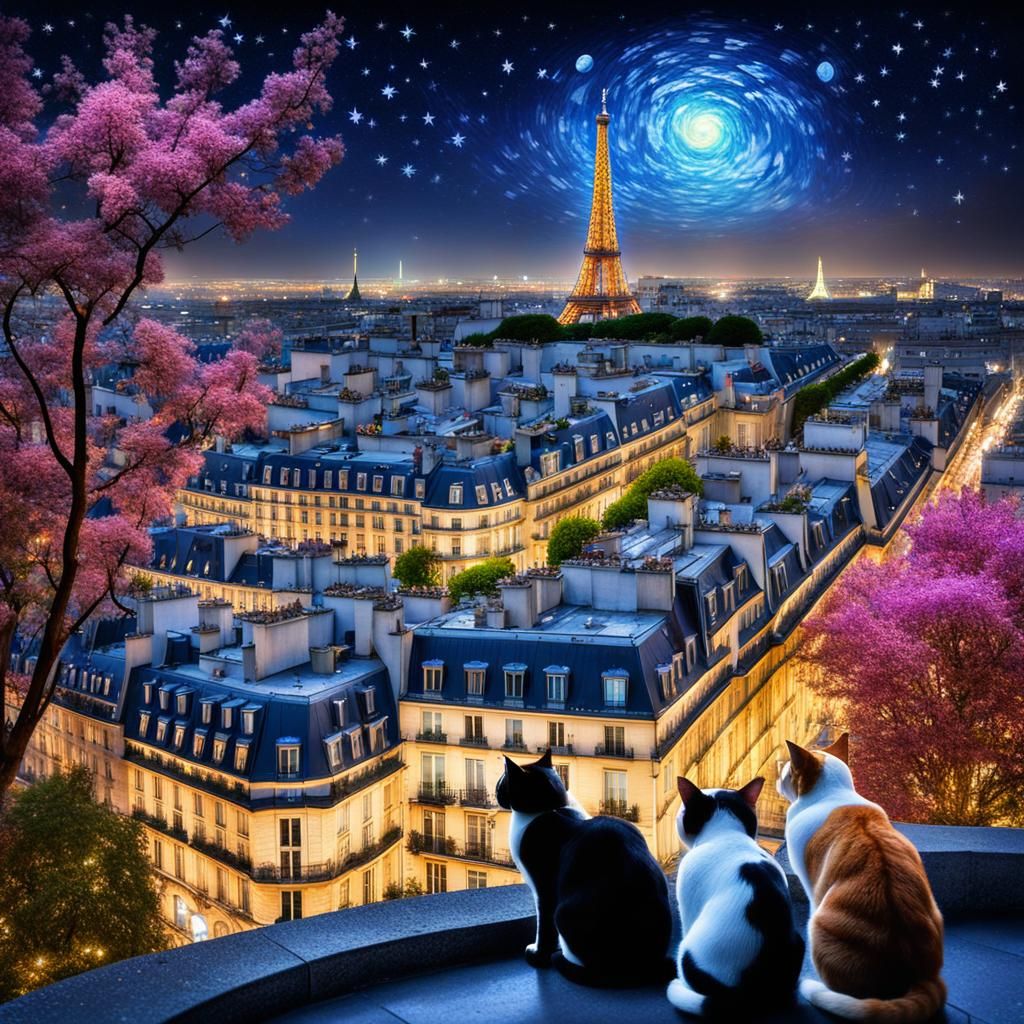 Several cats overlooking the night view of Paris, France from a high-rise building. A few bright flowers ...  by @HIKER