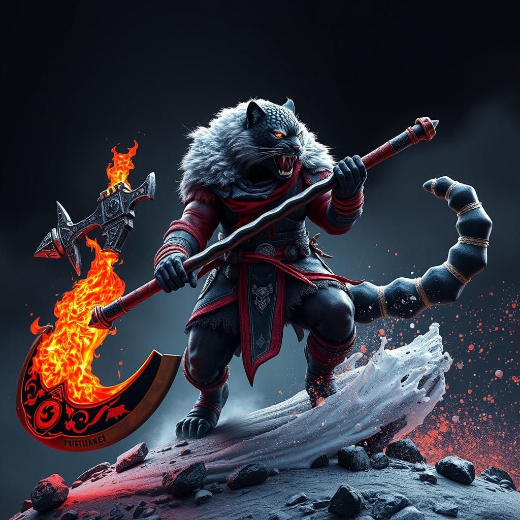 Black and red anthropomorphic snow leopard warrior wielding a colossal flaming battleaxe in a dynamic pose