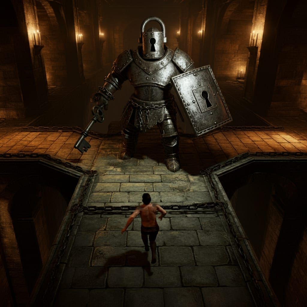 Escaping dungeon prisoner facing lock guardian