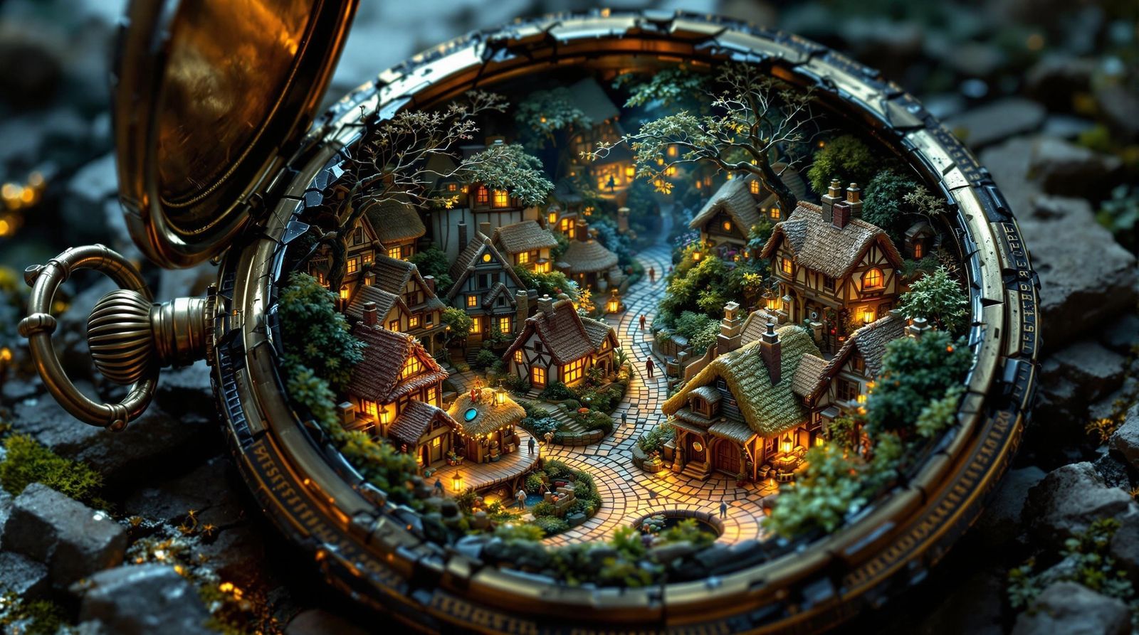 Miniature village inside a broken pocket watch  by @KrisB