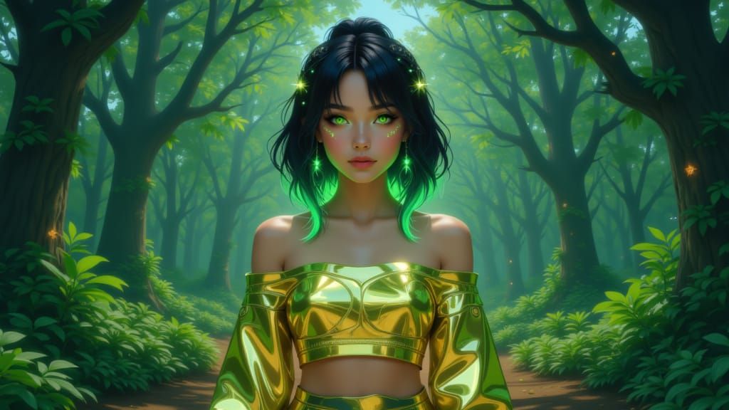 <lora:Aurora:1.0> Female, with geisha hair, wearing a croptop, in a forest