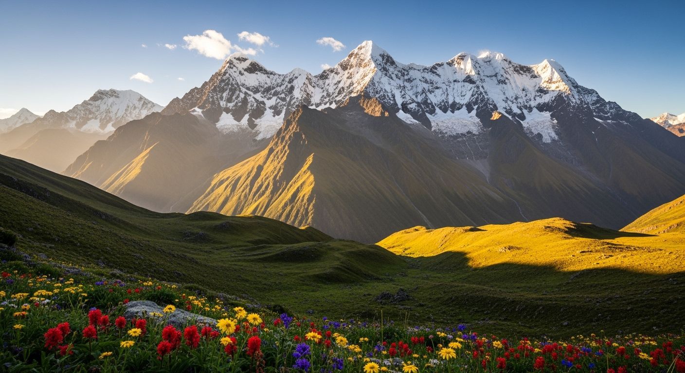 A breathtaking view of the Andes mountains in Peru, with towering peaks covered in snow, surrounded by lush green valleys and vibrant wildfl...