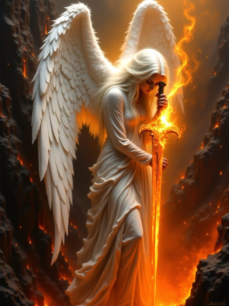 <lora:Melancholic Art:1.0> An ethereal albino angel with cascading white hair leans across the fiery chasms of hell, her expression serene y...