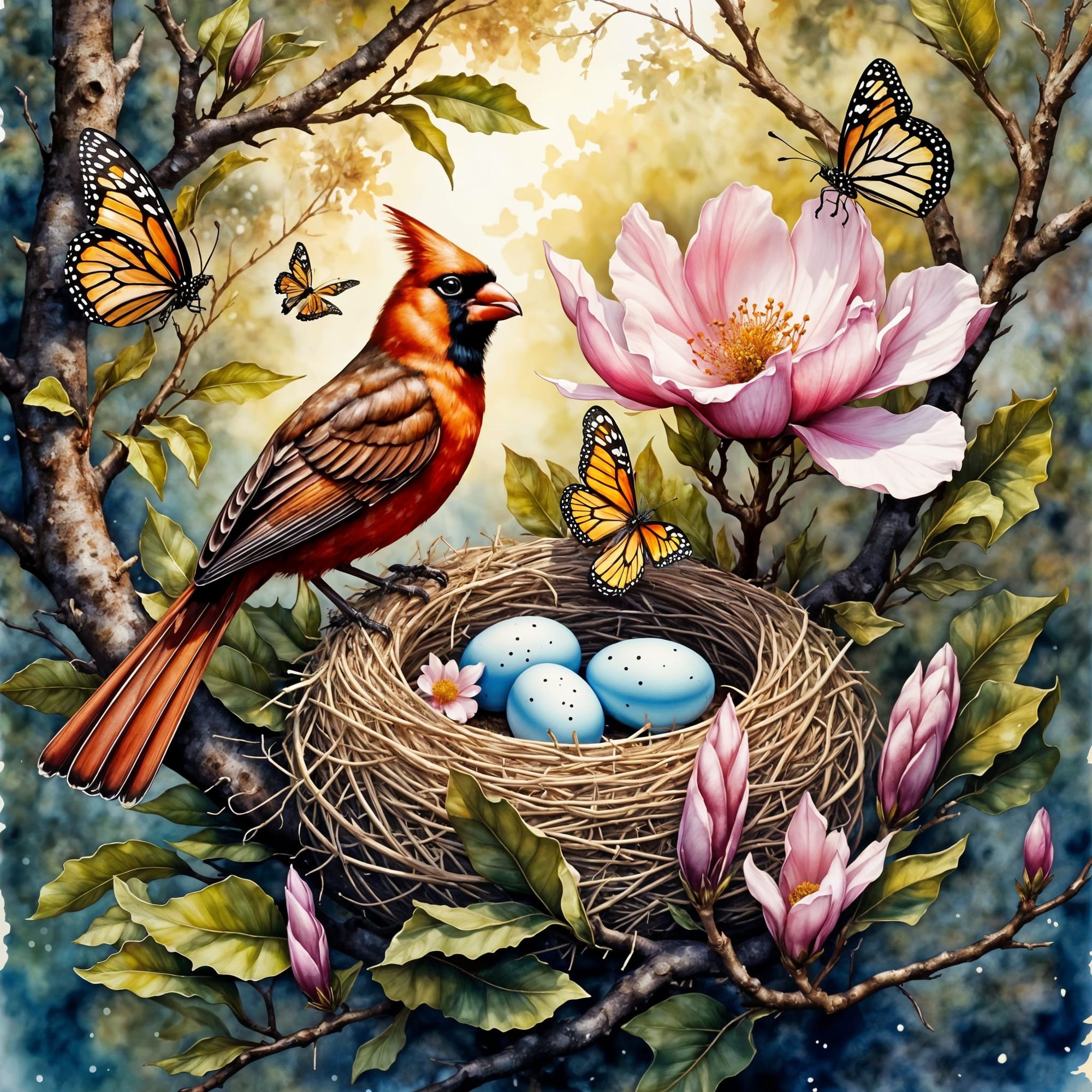  A Cardinal guarding the nest while his mate feeds