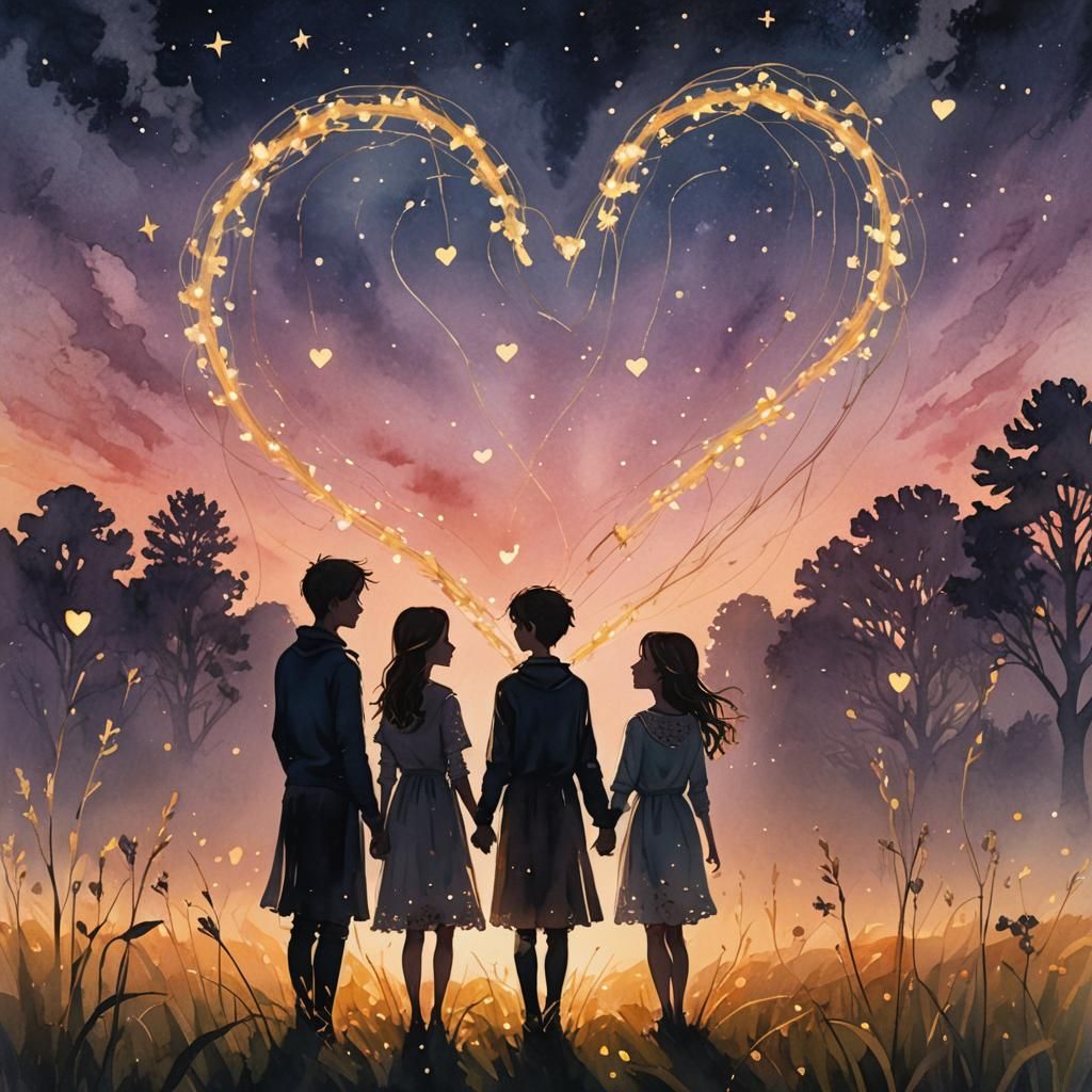 Heartstrings Connect Silhouettes in Sunlit Field, Watercolor...