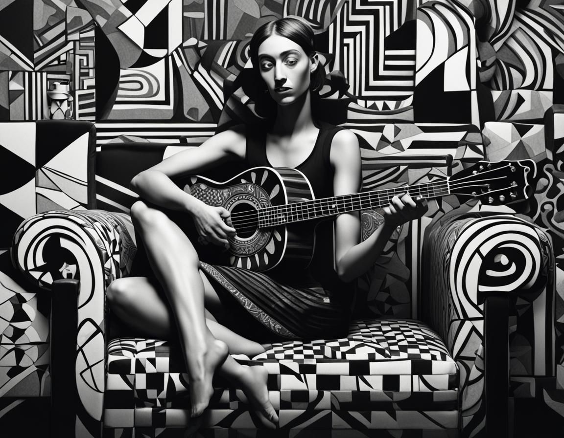 all black and white image of cubist Picasso style woman sitting with legs crossed on patterned sofa playing ...  by @Kattrack1000