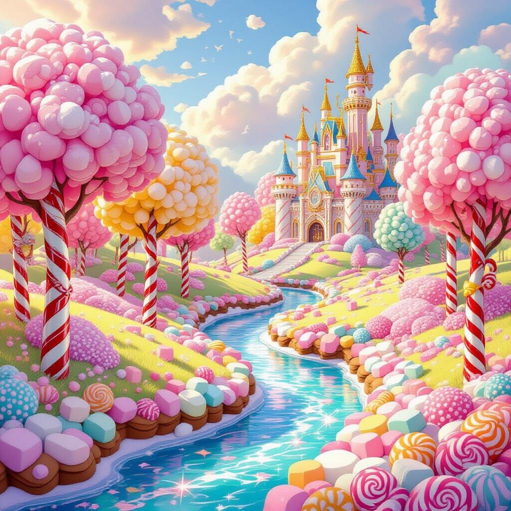 A whimsical, enchanted forest where trees are made of swirling candy canes and gumdrop leaves. A river ...  by @Bushra