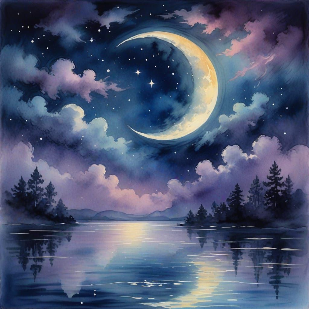 Surreal Night Sky with Shimmering Moonlight in Soft Watercol...