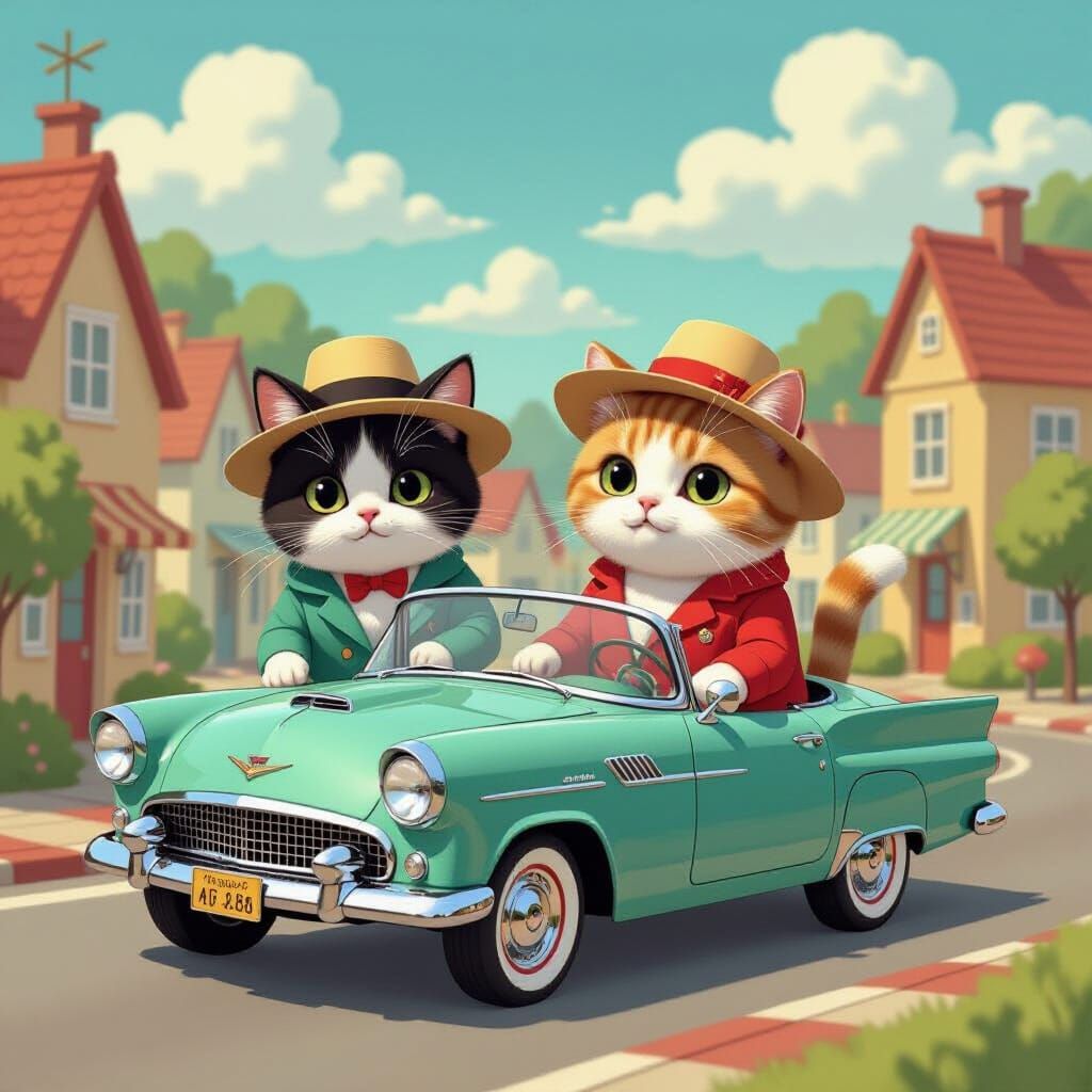 Cats Driving Cars in Whimsical Town, Anime Style