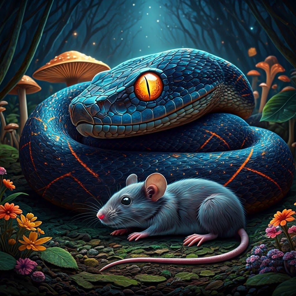 Fierce  snake covered in glowing astral tattoos and big glowing eyes curled around a mouse lying , in ...  by @AutumnBear