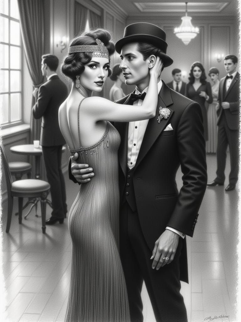 Graphite and charcoal pencil <lora:Charcoal and pencil:1.0> A striking, dynamic image that reflects the glamour of the art deco era. Subject...