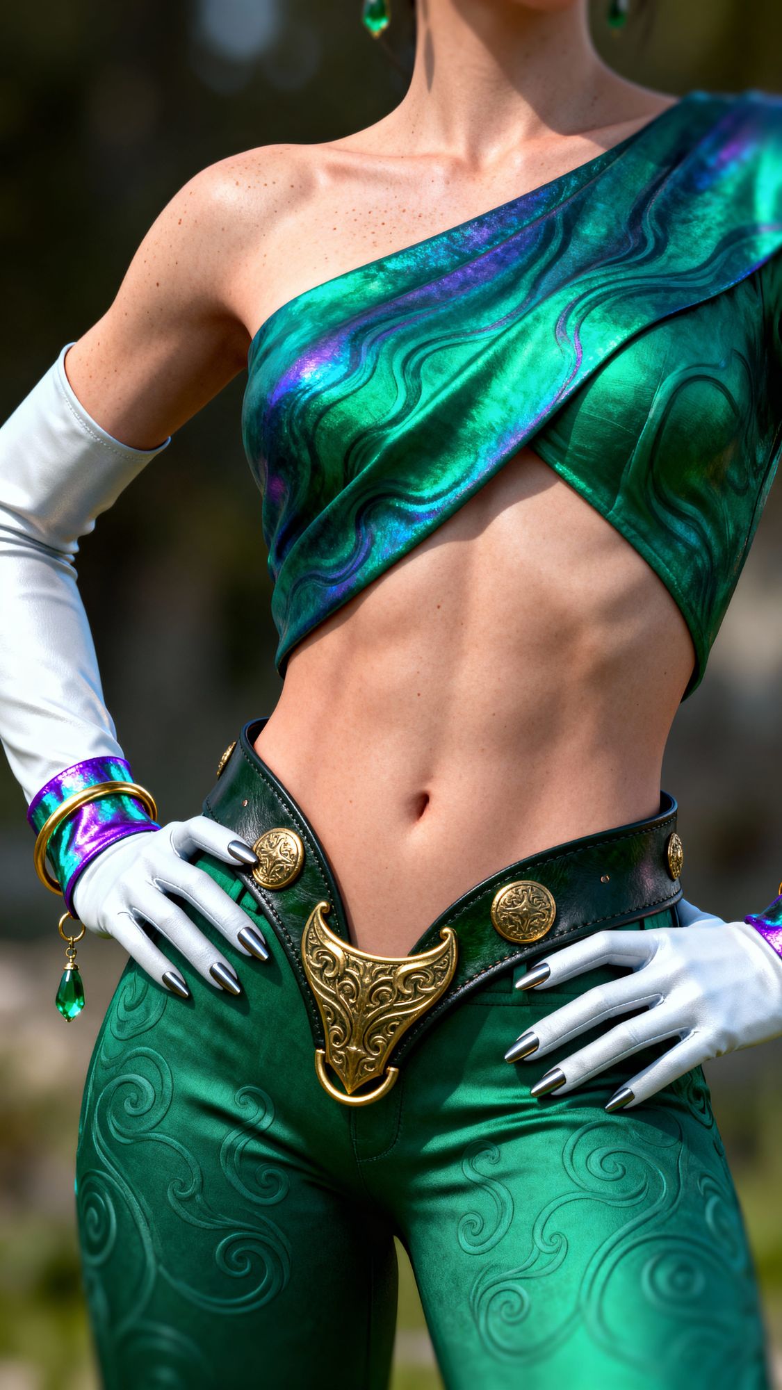 A mesmerizing hyper realistic masterpiece focusing on the cropped torso of an alluring figure dressed in a breathtaking emerald green ensemb...