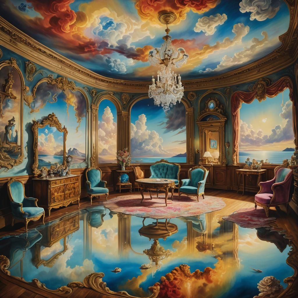 Antique Room with Rainbow Lake, Surreal Oil Painting